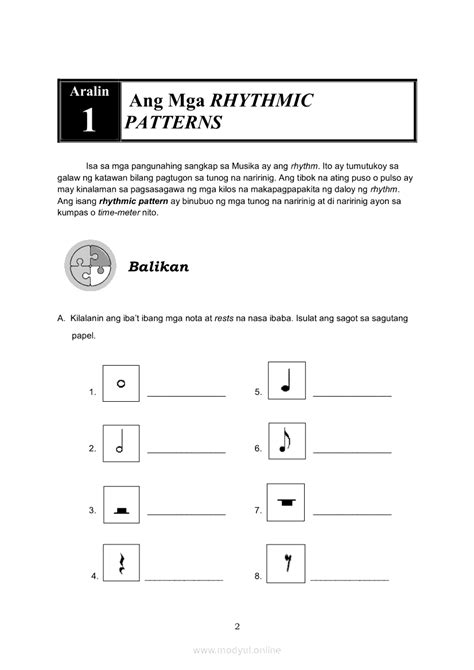 katumbas na sukat o bilang|Music 5 Unang Markahan – Modyul 4: Ang mga Rhythmic Patterns.